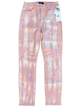 NWT 7 For All Mankind High Waist Ankle Skinny Jeans Pink Tie Dye Size 27